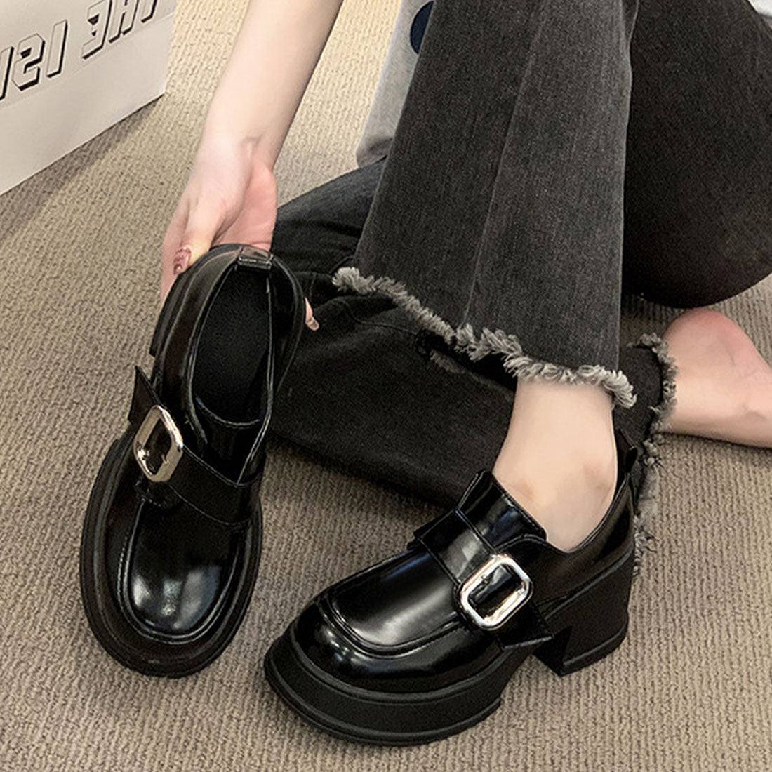 Dewlily Chunky Loafers for Women, Teens, 20s, 30s, Korean Fashion, Casual, Cute, Shoes, Adult, Thick Sole, Black, Shoes, Spring, Summer, Autumn, Winter, Simple