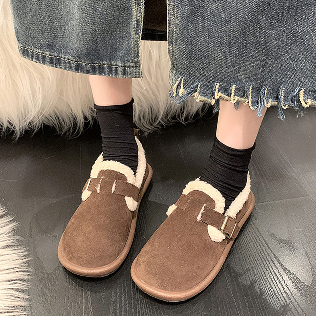 Dewlily Flat Boa Shoes for Women, Teens, 20s, 30s, Korean Fashion, Autumn, Winter, Casual, Cute, Black, Simple, Plain, Warm, Shoes, Boots