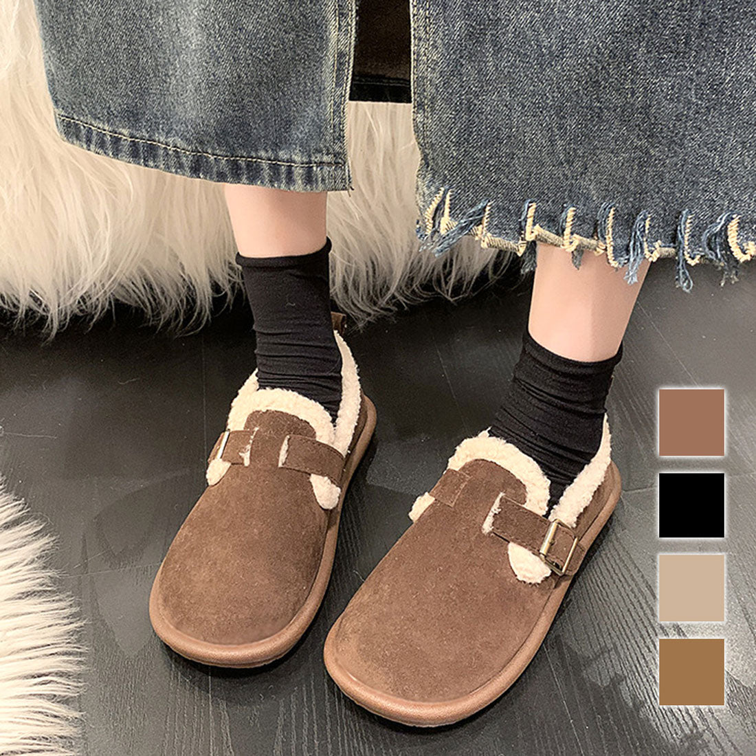 Dewlily Flat Boa Shoes for Women, Teens, 20s, 30s, Korean Fashion, Autumn, Winter, Casual, Cute, Black, Simple, Plain, Warm, Shoes, Boots