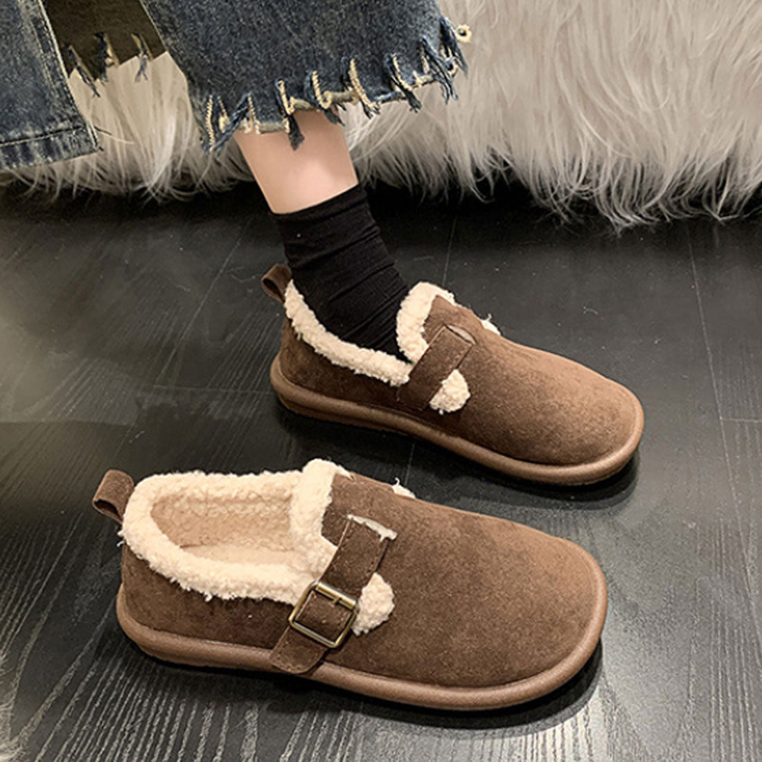 Dewlily Flat Boa Shoes for Women, Teens, 20s, 30s, Korean Fashion, Autumn, Winter, Casual, Cute, Black, Simple, Plain, Warm, Shoes, Boots