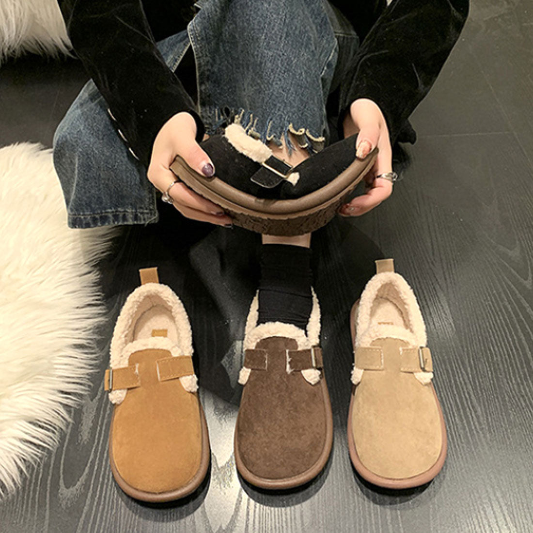 Dewlily Flat Boa Shoes for Women, Teens, 20s, 30s, Korean Fashion, Autumn, Winter, Casual, Cute, Black, Simple, Plain, Warm, Shoes, Boots