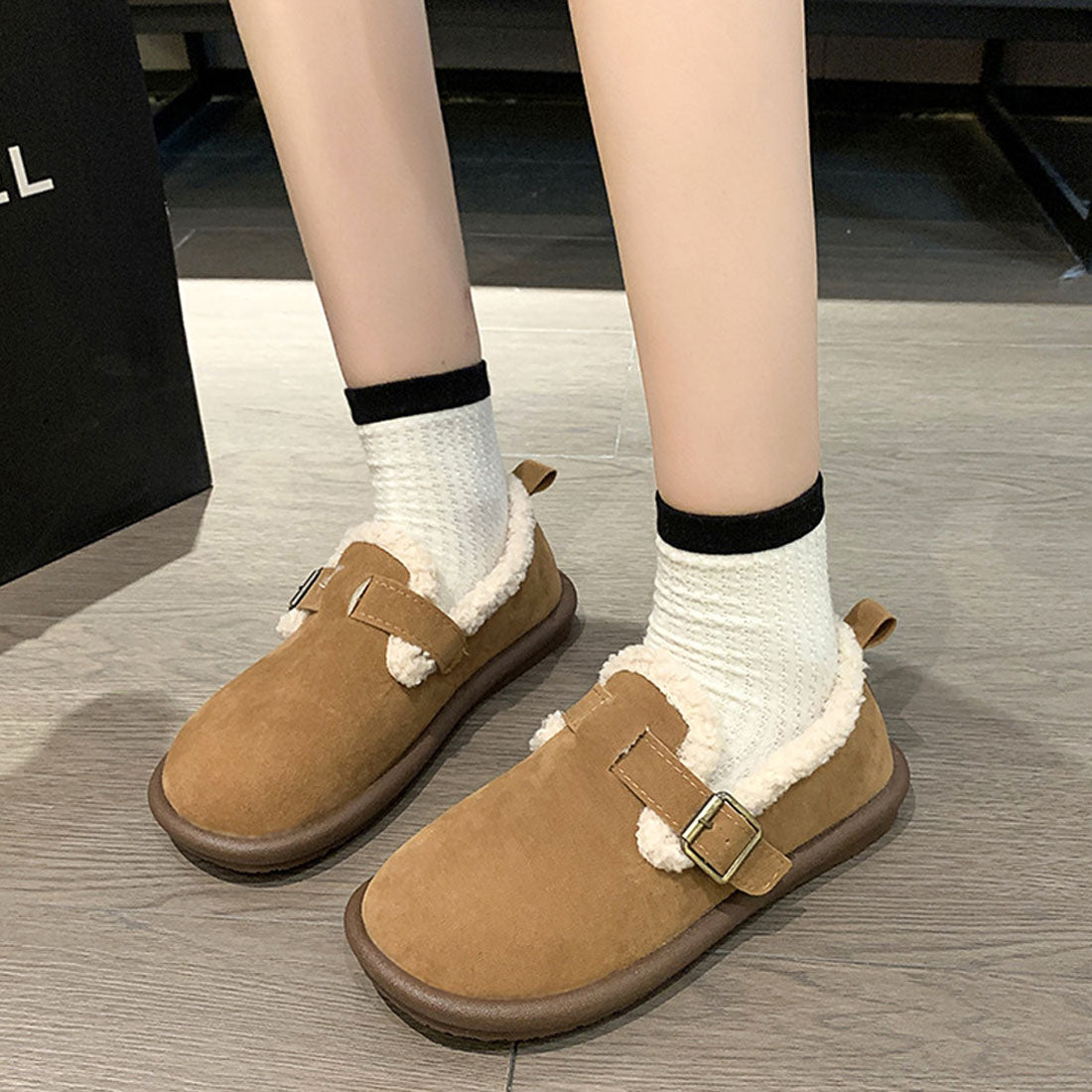 Dewlily Flat Boa Shoes for Women, Teens, 20s, 30s, Korean Fashion, Autumn, Winter, Casual, Cute, Black, Simple, Plain, Warm, Shoes, Boots