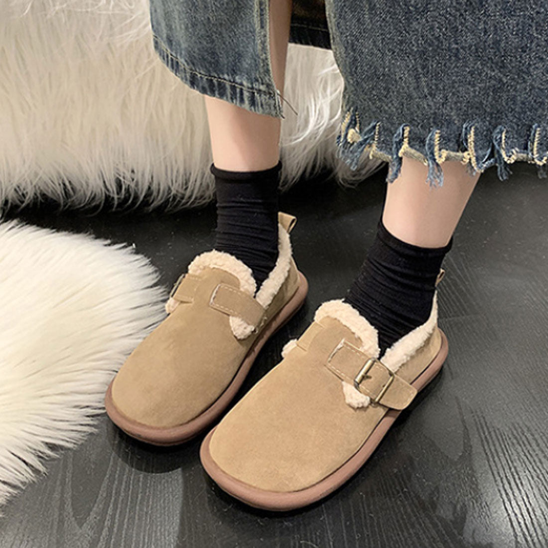 Dewlily Flat Boa Shoes for Women, Teens, 20s, 30s, Korean Fashion, Autumn, Winter, Casual, Cute, Black, Simple, Plain, Warm, Shoes, Boots