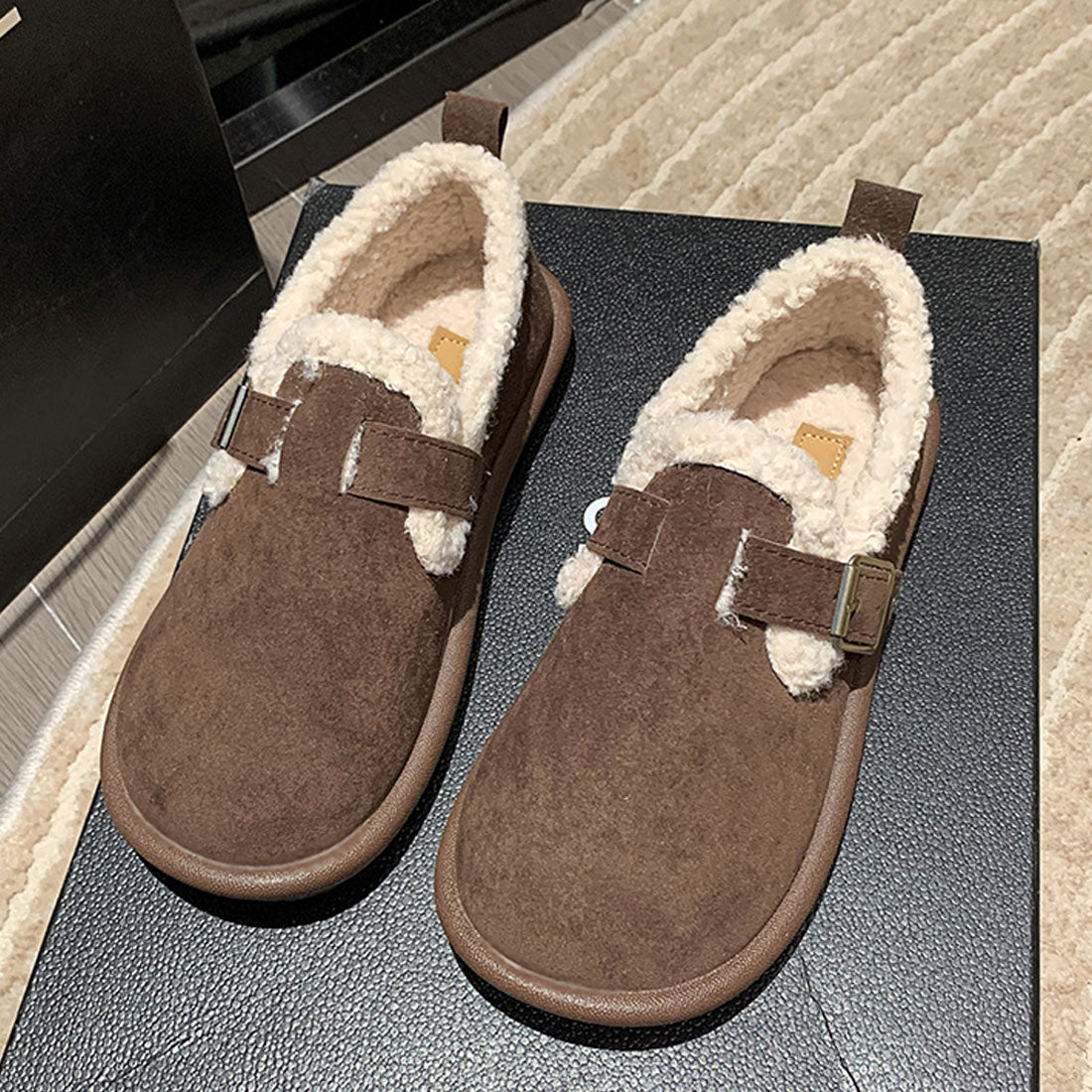 Dewlily Flat Boa Shoes for Women, Teens, 20s, 30s, Korean Fashion, Autumn, Winter, Casual, Cute, Black, Simple, Plain, Warm, Shoes, Boots