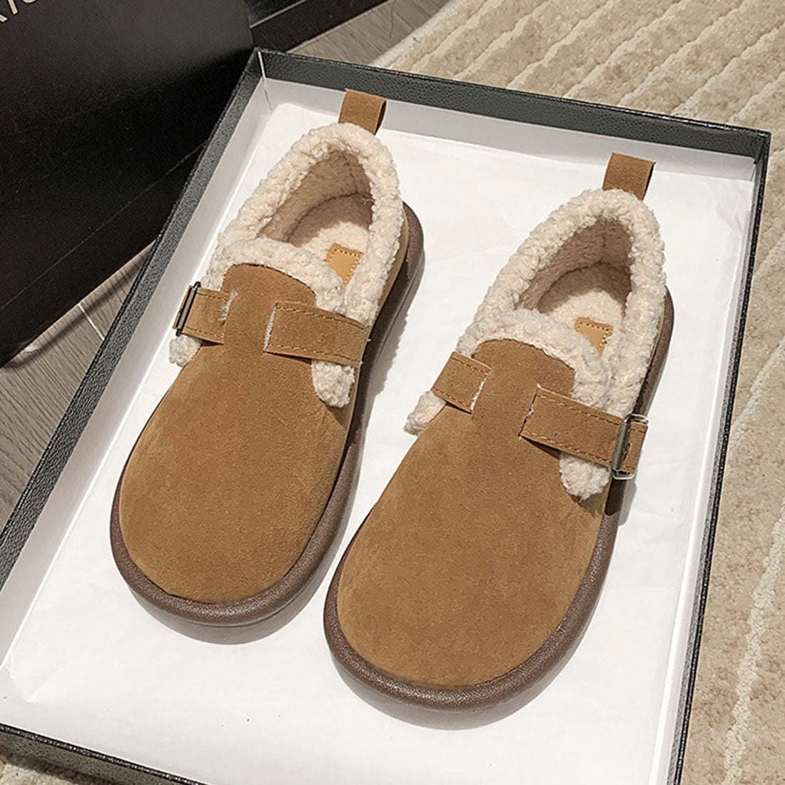 Dewlily Flat Boa Shoes for Women, Teens, 20s, 30s, Korean Fashion, Autumn, Winter, Casual, Cute, Black, Simple, Plain, Warm, Shoes, Boots