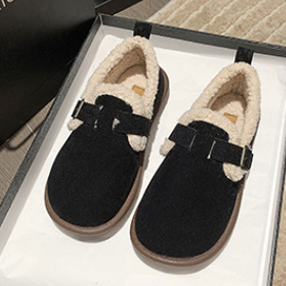 Dewlily Flat Boa Shoes for Women, Teens, 20s, 30s, Korean Fashion, Autumn, Winter, Casual, Cute, Black, Simple, Plain, Warm, Shoes, Boots