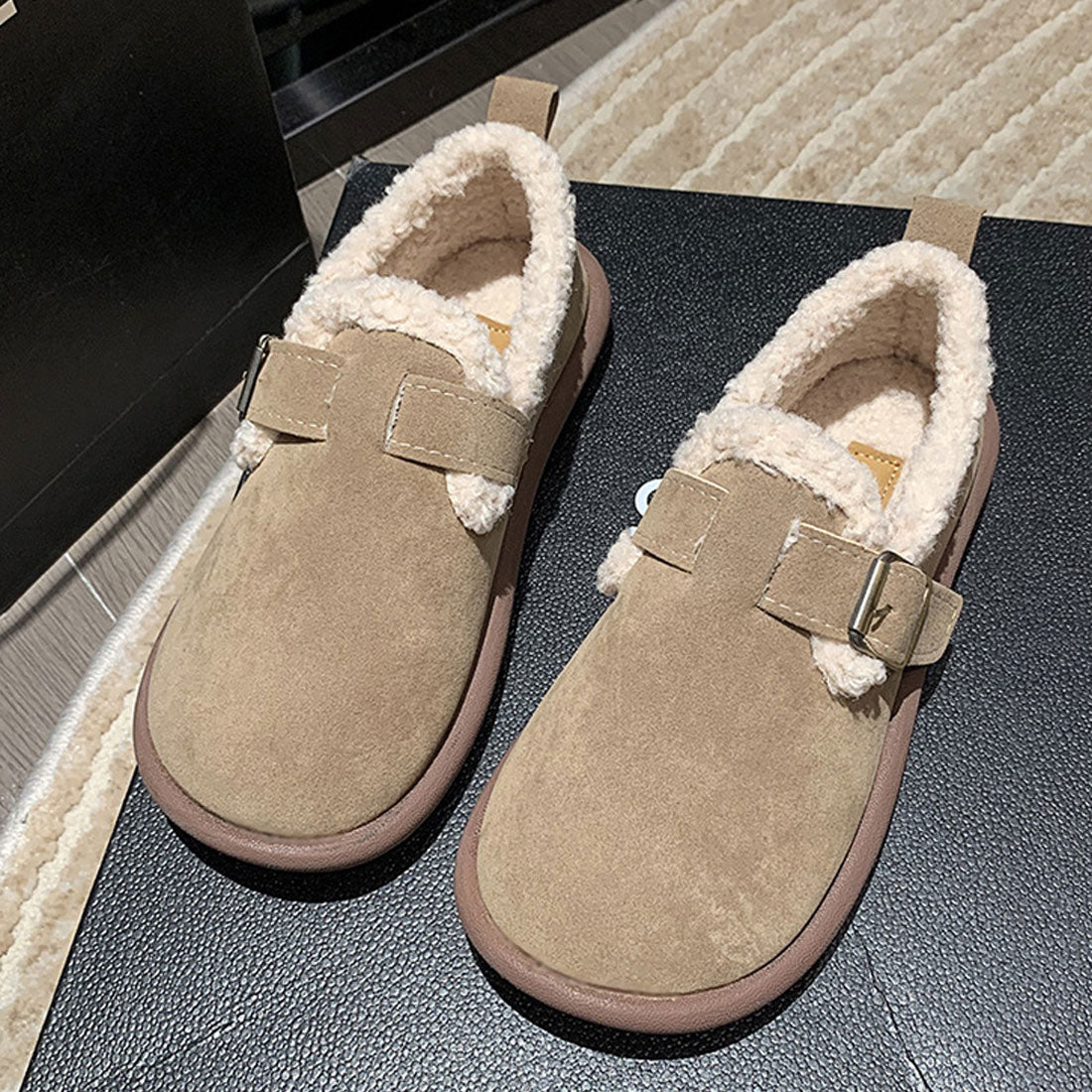 Dewlily Flat Boa Shoes for Women, Teens, 20s, 30s, Korean Fashion, Autumn, Winter, Casual, Cute, Black, Simple, Plain, Warm, Shoes, Boots