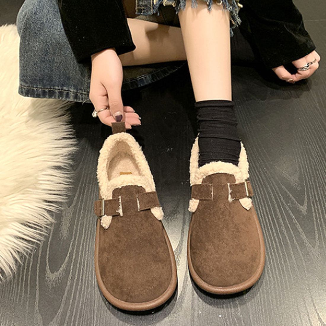 Dewlily Flat Boa Shoes for Women, Teens, 20s, 30s, Korean Fashion, Autumn, Winter, Casual, Cute, Black, Simple, Plain, Warm, Shoes, Boots