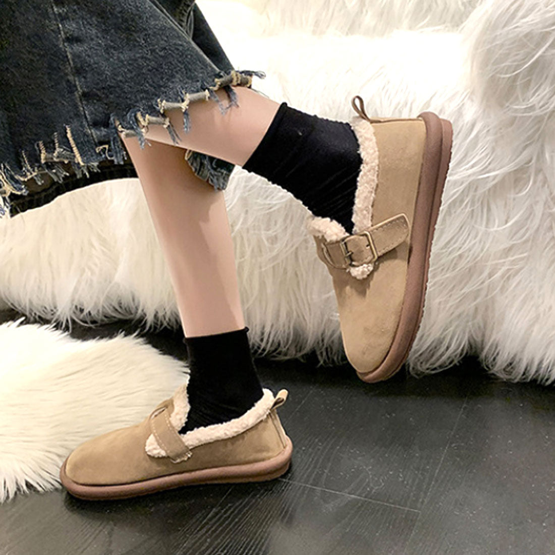 Dewlily Flat Boa Shoes for Women, Teens, 20s, 30s, Korean Fashion, Autumn, Winter, Casual, Cute, Black, Simple, Plain, Warm, Shoes, Boots