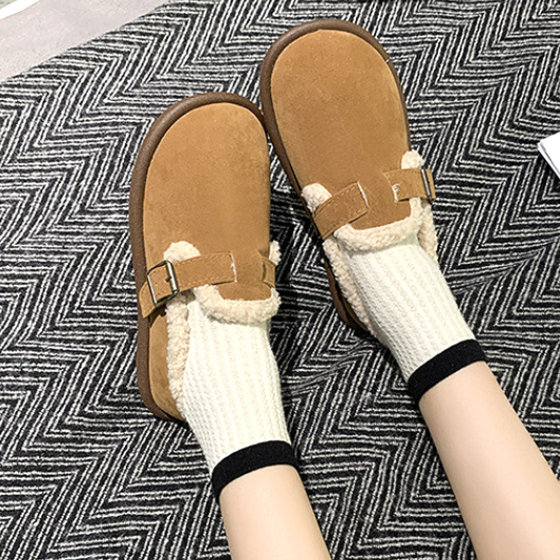 Dewlily Flat Boa Shoes for Women, Teens, 20s, 30s, Korean Fashion, Autumn, Winter, Casual, Cute, Black, Simple, Plain, Warm, Shoes, Boots