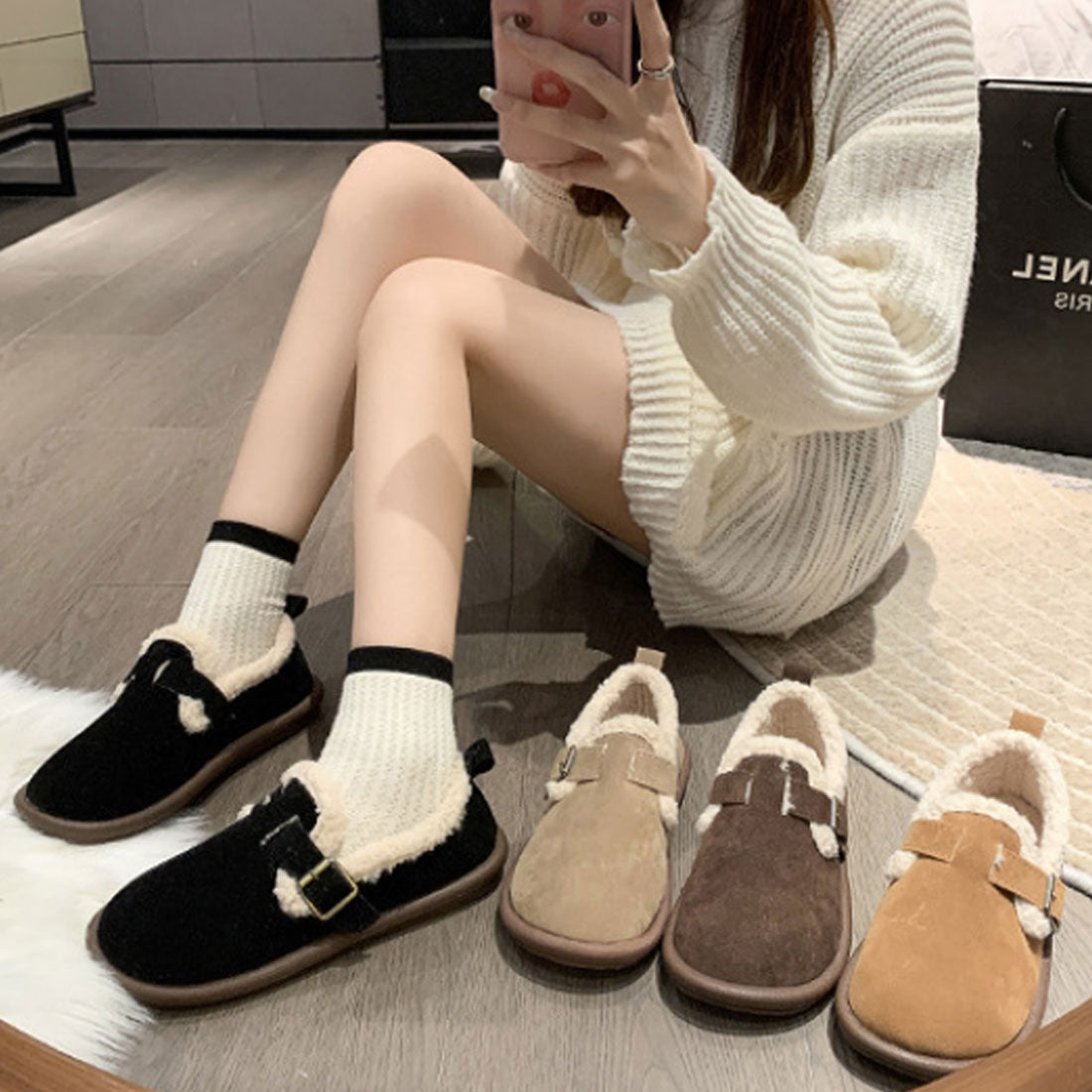 Dewlily Flat Boa Shoes for Women, Teens, 20s, 30s, Korean Fashion, Autumn, Winter, Casual, Cute, Black, Simple, Plain, Warm, Shoes, Boots