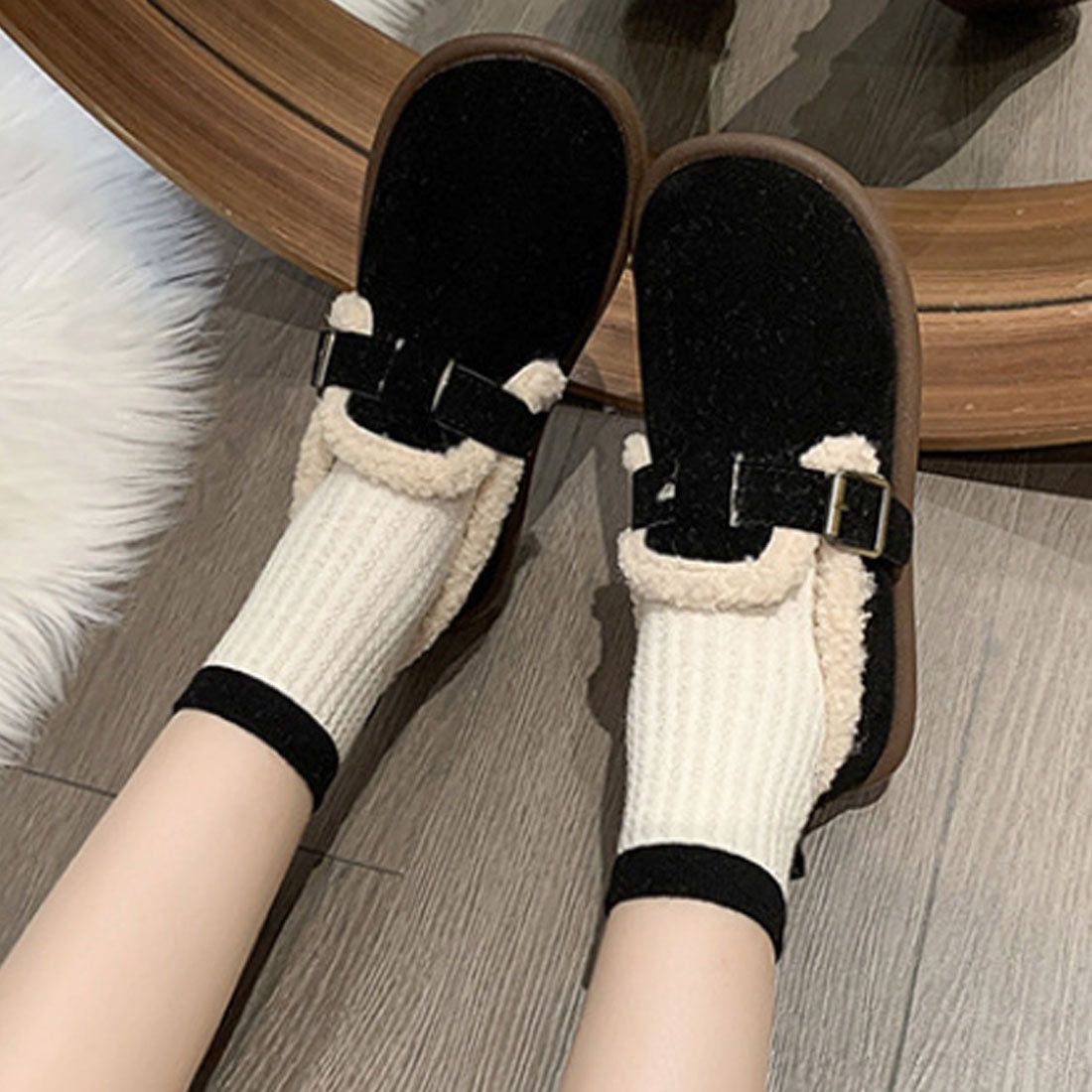 Dewlily Flat Boa Shoes for Women, Teens, 20s, 30s, Korean Fashion, Autumn, Winter, Casual, Cute, Black, Simple, Plain, Warm, Shoes, Boots
