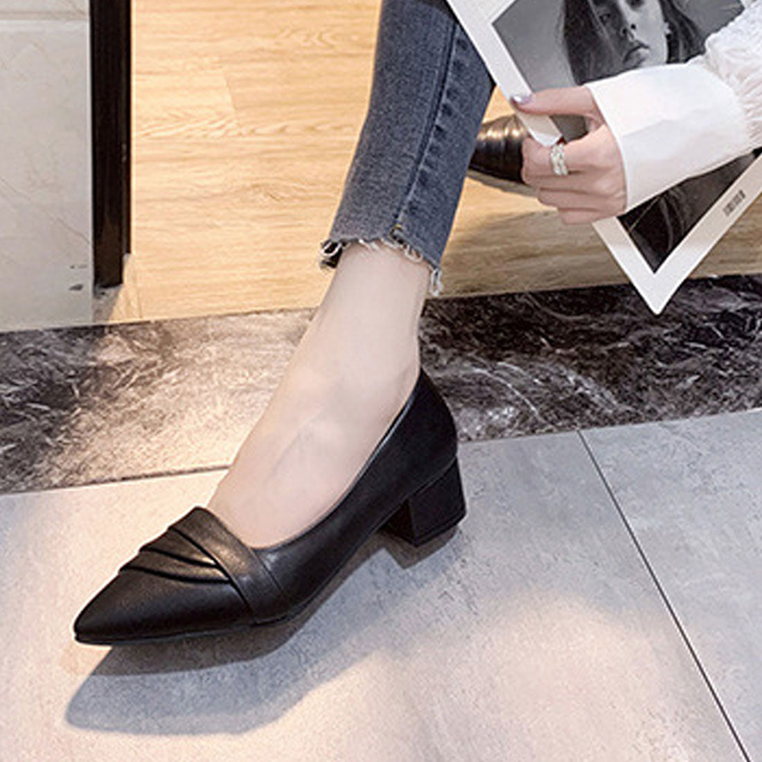 Dewlily Pointed Toe Pumps for Women, Teens, 20s, 30s, Korean Fashion, Casual Shoes, Cute, Simple, Adult, Black, Heels, Commuting, Comfortable to Walk