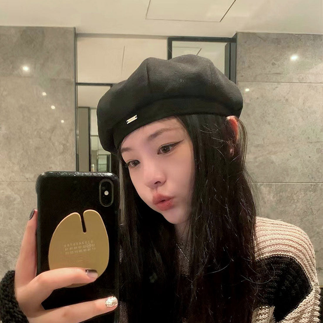Dewlily One-point beret, Korean fashion, for teens, 20s, 30s, versatile, one-point, cute, voluminous, stylish, plain, raschel, casual