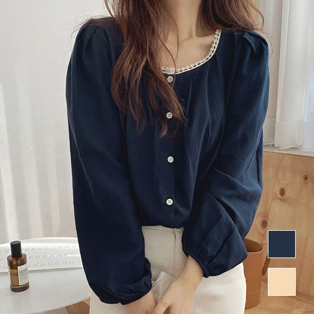 デューリリー Dewlily ネックレースブラウス レディース トップス 長袖 無地 春服 秋 10代 20代 30代 韓国ファッション オフィスカジュアル 着回し レトロ