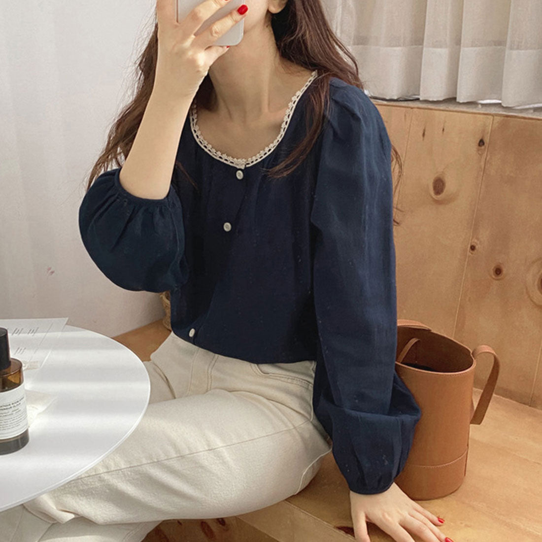デューリリー Dewlily ネックレースブラウス レディース トップス 長袖 無地 春服 秋 10代 20代 30代 韓国ファッション オフィスカジュアル 着回し レトロ