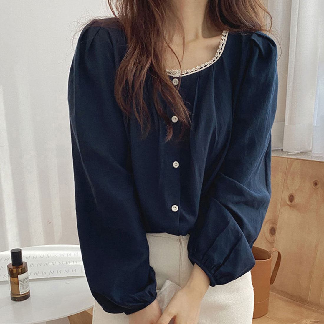 デューリリー Dewlily ネックレースブラウス レディース トップス 長袖 無地 春服 秋 10代 20代 30代 韓国ファッション オフィスカジュアル 着回し レトロ