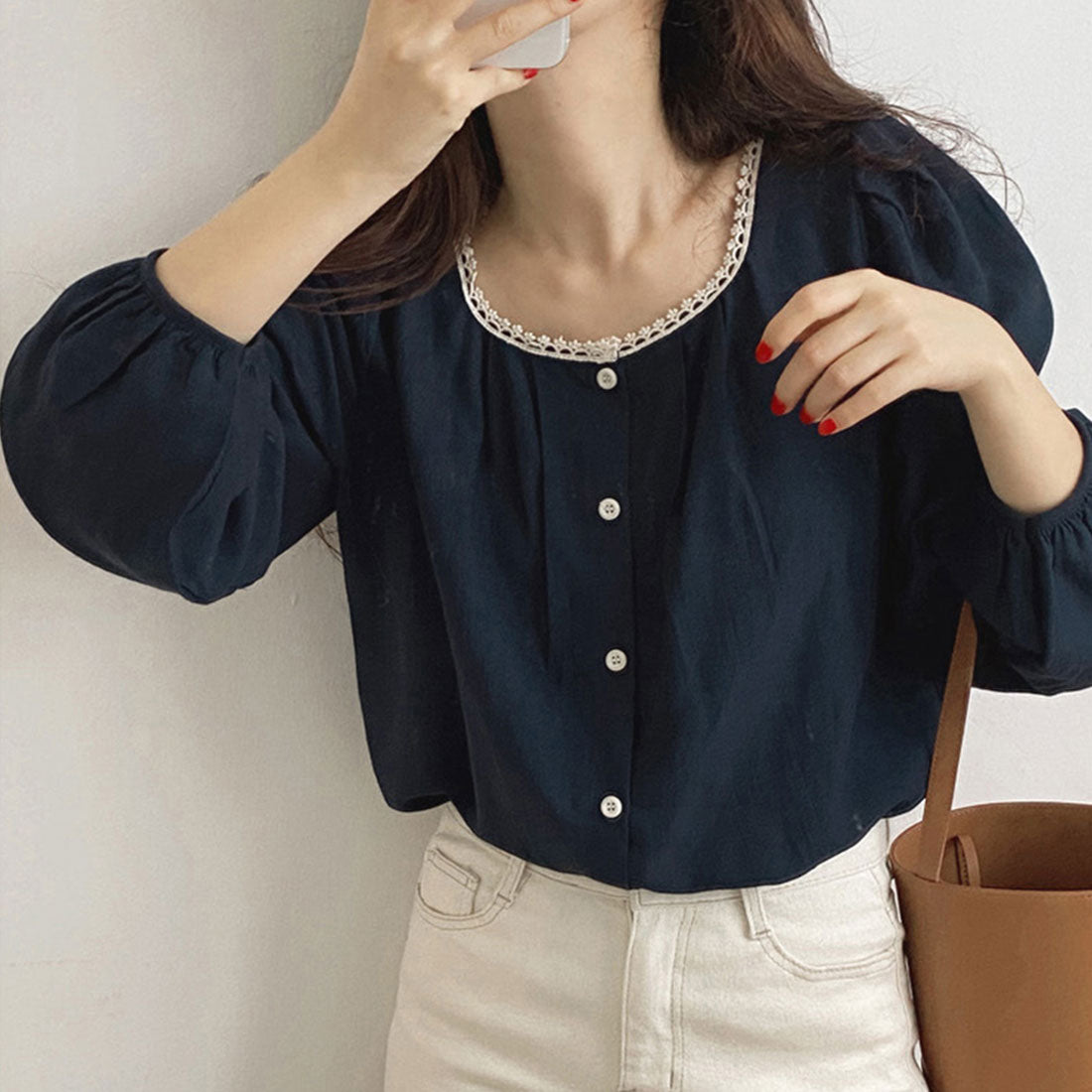 デューリリー Dewlily ネックレースブラウス レディース トップス 長袖 無地 春服 秋 10代 20代 30代 韓国ファッション オフィスカジュアル 着回し レトロ