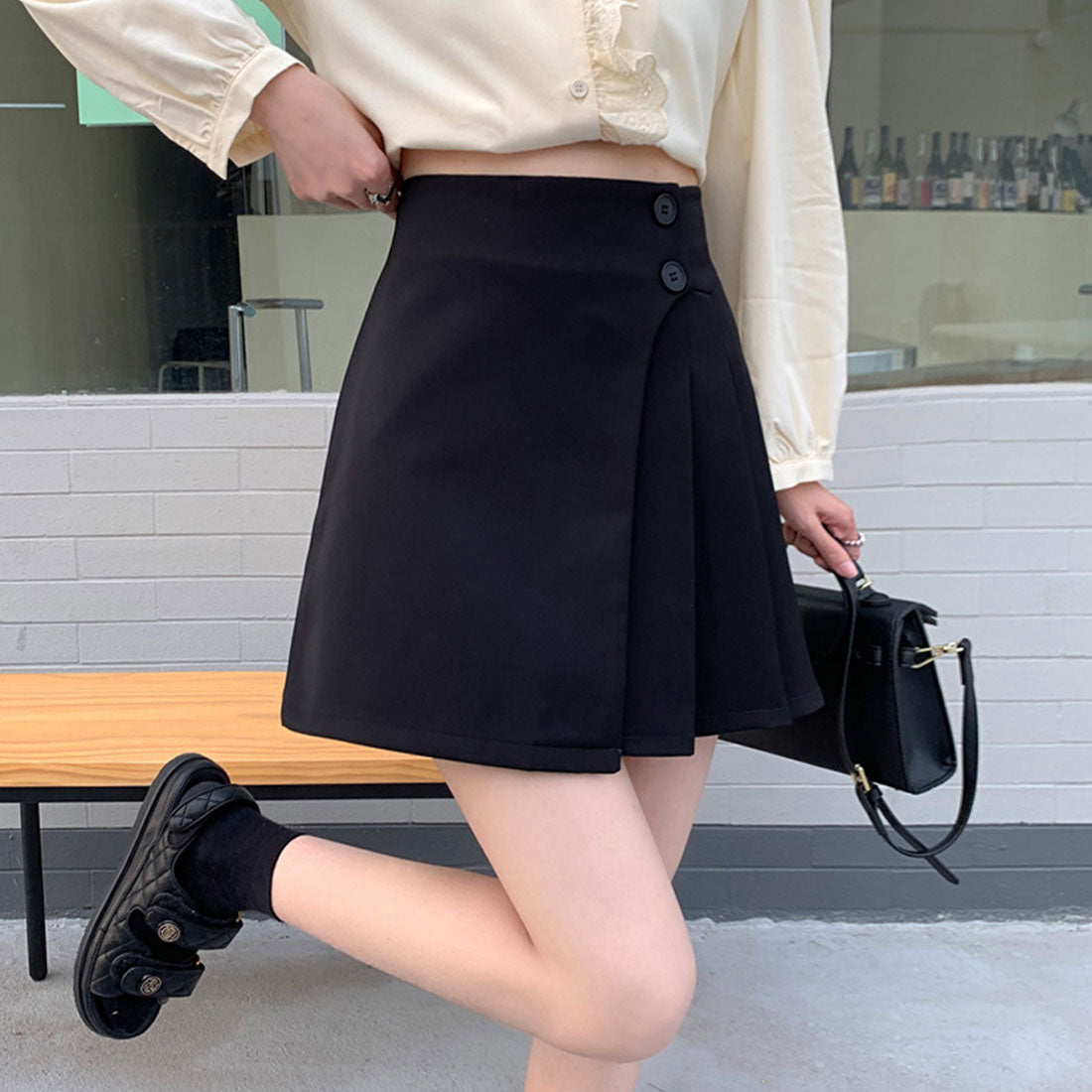 デューリリー Dewlily プリーツミニスカート レディース 無地 春服 夏 秋 10代 20代 30代 韓国ファッション ラップスカート インナーパンツ キュロット Aライン 大きいサイズ