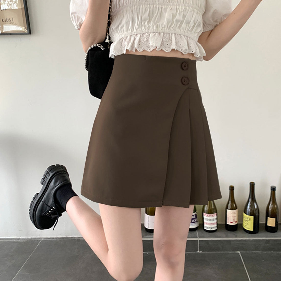 デューリリー Dewlily プリーツミニスカート レディース 無地 春服 夏 秋 10代 20代 30代 韓国ファッション ラップスカート インナーパンツ キュロット Aライン 大きいサイズ