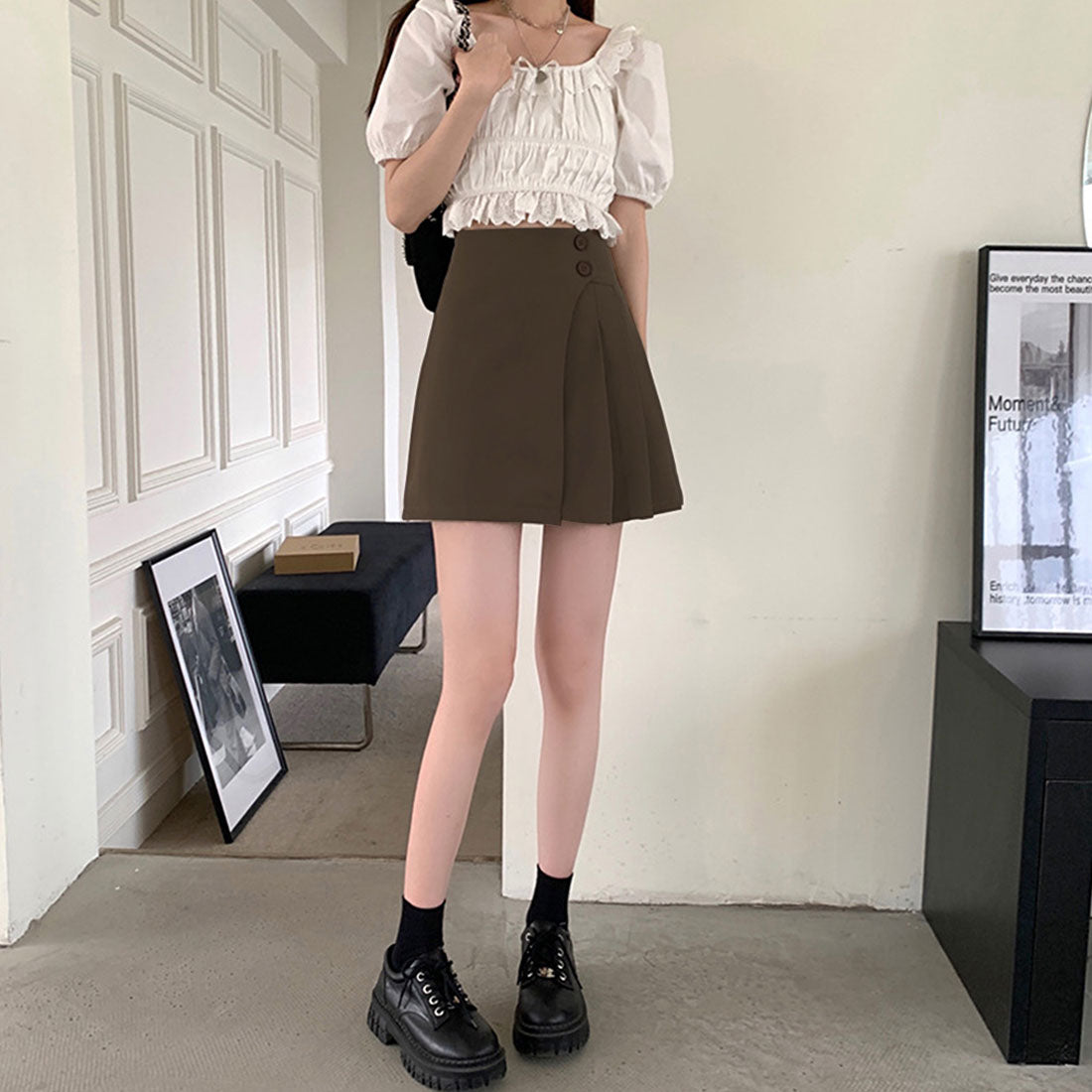 デューリリー Dewlily プリーツミニスカート レディース 無地 春服 夏 秋 10代 20代 30代 韓国ファッション ラップスカート インナーパンツ キュロット Aライン 大きいサイズ