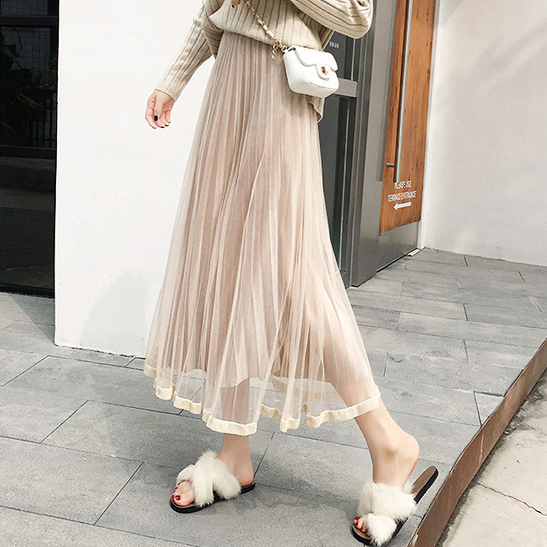 デューリリー Dewlily チュールプリーツスカート レディース 春服 夏 秋 10代 20代 30代 韓国ファッション シースルー シアー ボリューム ミモレ丈 膝下 ロング Aライン