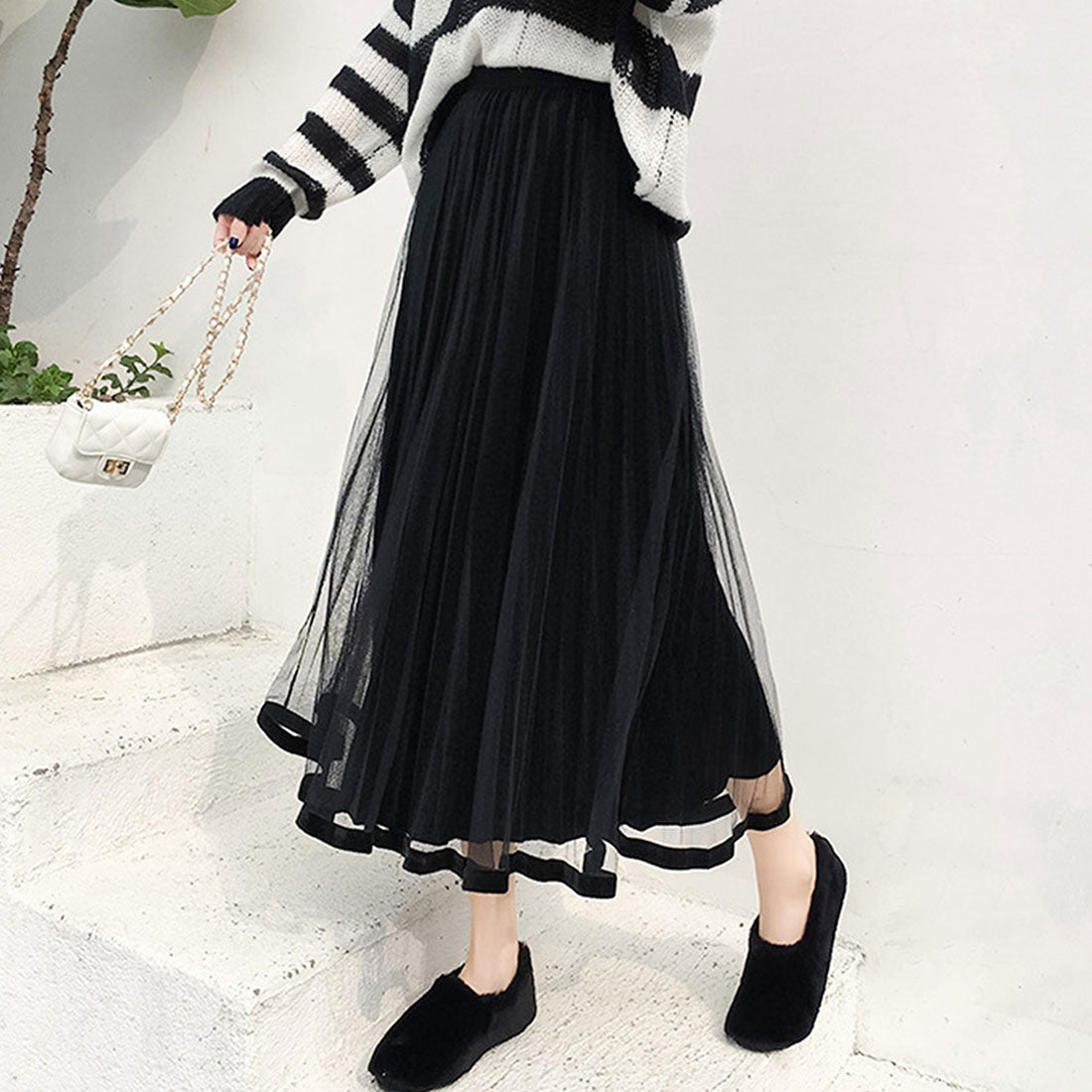 デューリリー Dewlily チュールプリーツスカート レディース 春服 夏 秋 10代 20代 30代 韓国ファッション シースルー シアー ボリューム ミモレ丈 膝下 ロング Aライン