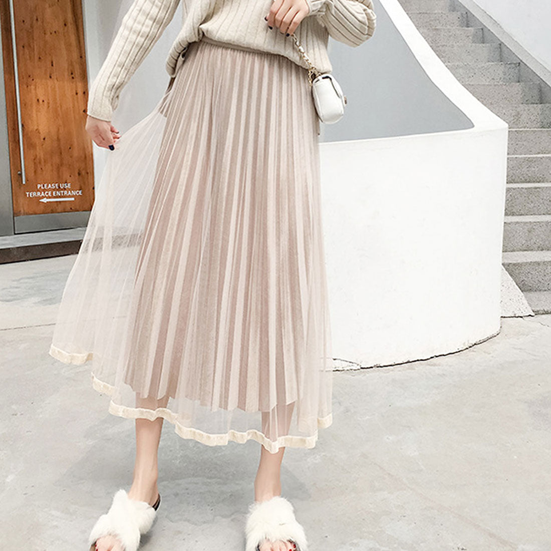 デューリリー Dewlily チュールプリーツスカート レディース 春服 夏 秋 10代 20代 30代 韓国ファッション シースルー シアー ボリューム ミモレ丈 膝下 ロング Aライン
