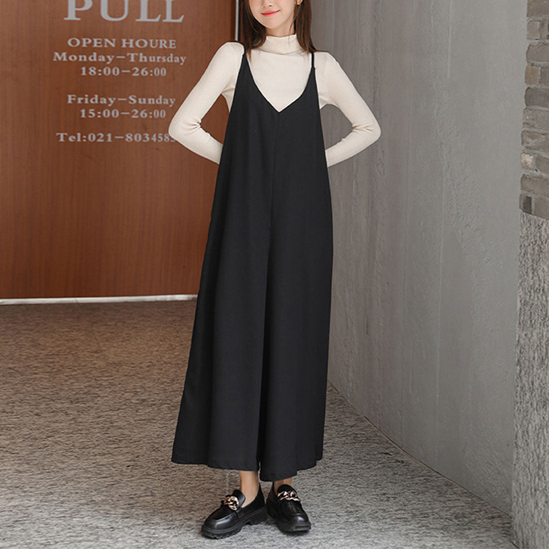 デューリリー Dewlily Vネックワイドレッグサロペット レディース 無地 10代 20代 30代 韓国ファッション オールインワン 9分丈 スクール 大きいサイズ フレアパンツ 可愛い 楽ちん （ブラウン） ブラウン