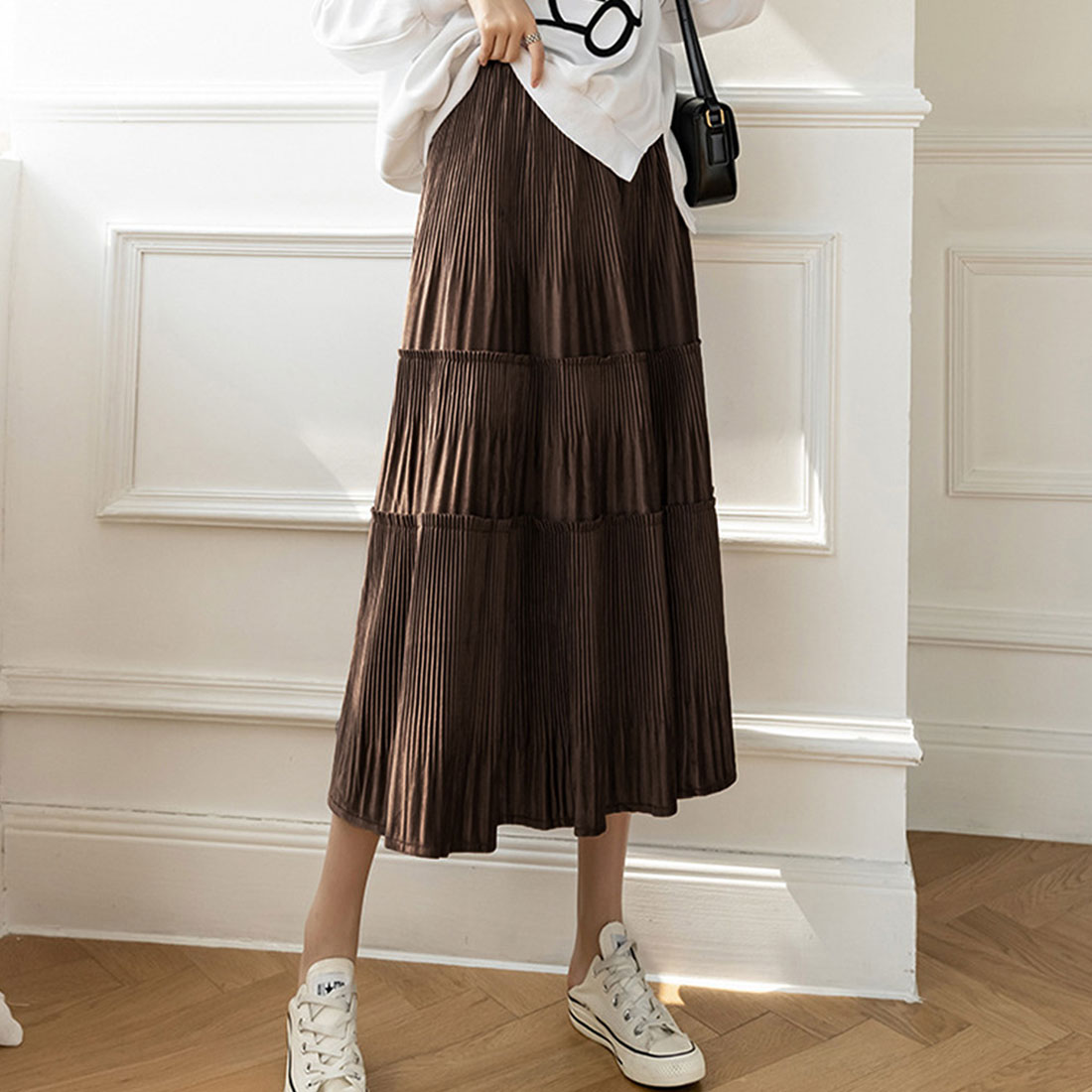 デューリリー Dewlily ミモレ丈フレアスカート レディース 春服 秋 冬 10代 20代 30代 韓国ファッション プリーツ Aライン 膝下 ロング スクール ふんわり 大きいサイズ