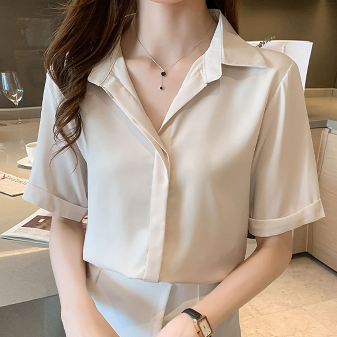 デューリリー Dewlily 半袖ゆったりブラウス レディース トップス 無地 春服 夏 10代 20代 30代 韓国ファッション 比翼シャツ オフィスカジュアル 大きいサイズ くすみカラー （ホワイト） ホワイト
