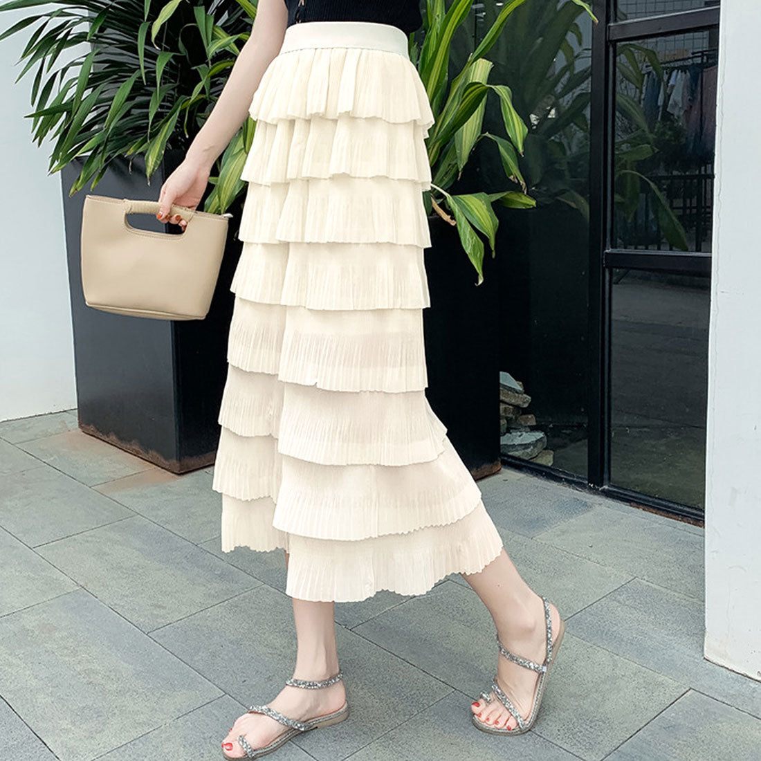 デューリリー Dewlily ティアードフリルスカート レディース 春服 夏 秋 10代 20代 30代 韓国ファッション シアー ミモレ丈 ロング マーメイドスカート 大きいサイズ
