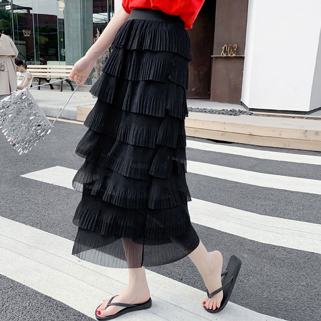 デューリリー Dewlily ティアードフリルスカート レディース 春服 夏 秋 10代 20代 30代 韓国ファッション シアー ミモレ丈 ロング マーメイドスカート 大きいサイズ