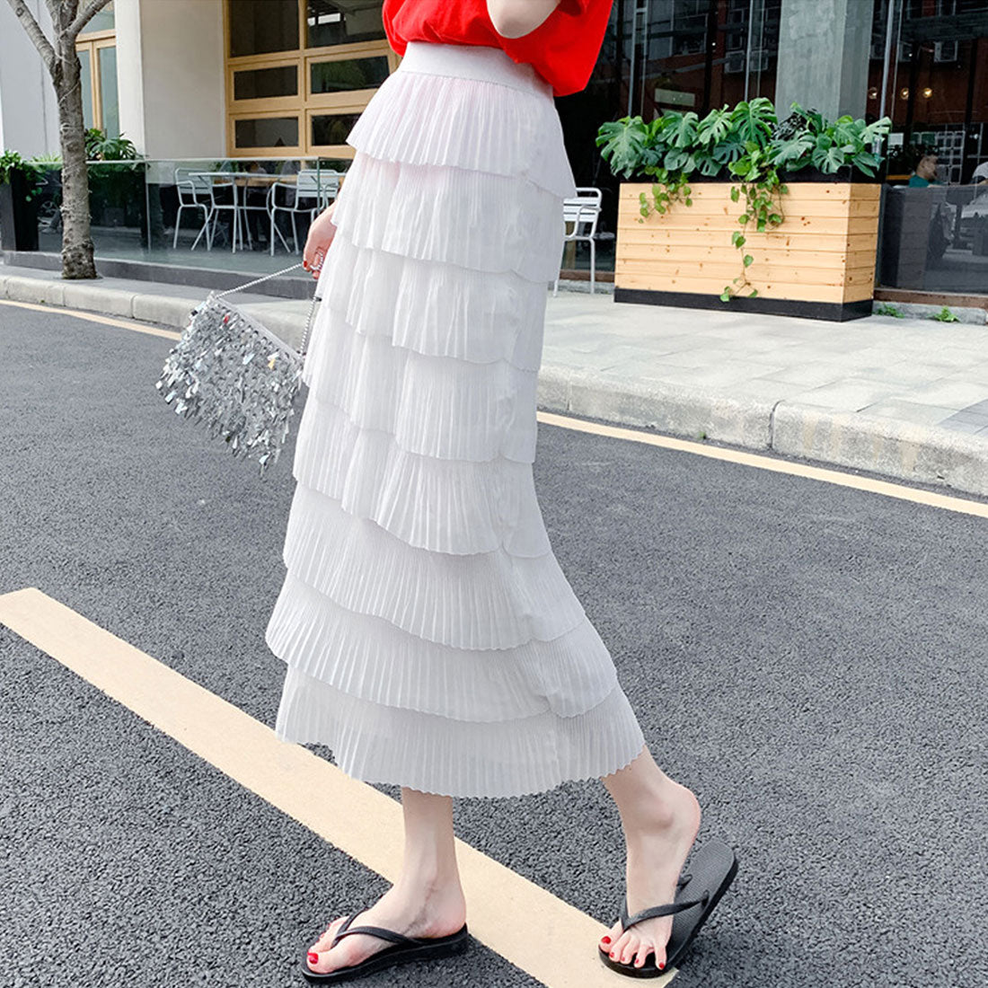 デューリリー Dewlily ティアードフリルスカート レディース 春服 夏 秋 10代 20代 30代 韓国ファッション シアー ミモレ丈 ロング マーメイドスカート 大きいサイズ