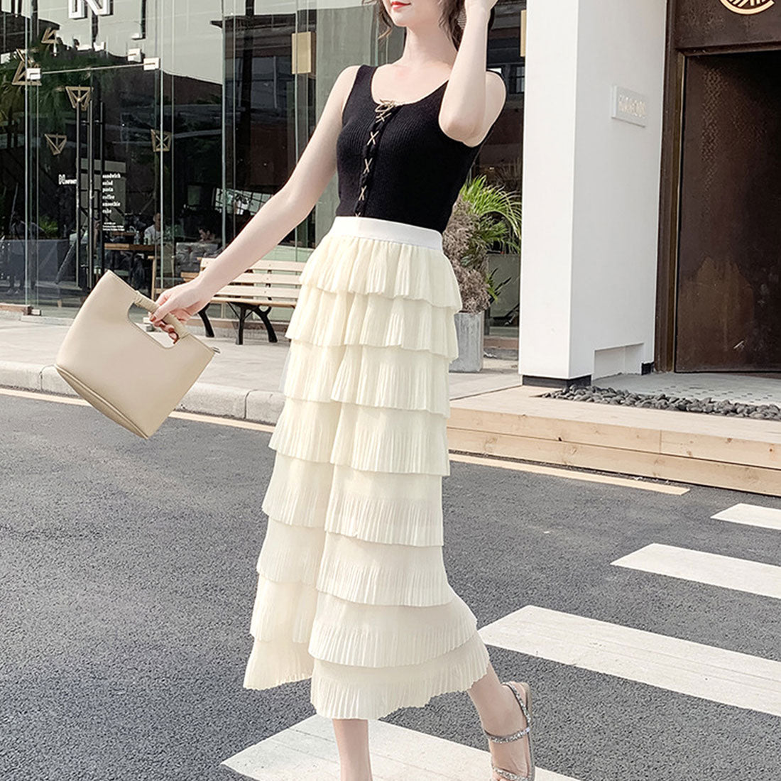 デューリリー Dewlily ティアードフリルスカート レディース 春服 夏 秋 10代 20代 30代 韓国ファッション シアー ミモレ丈 ロング マーメイドスカート 大きいサイズ