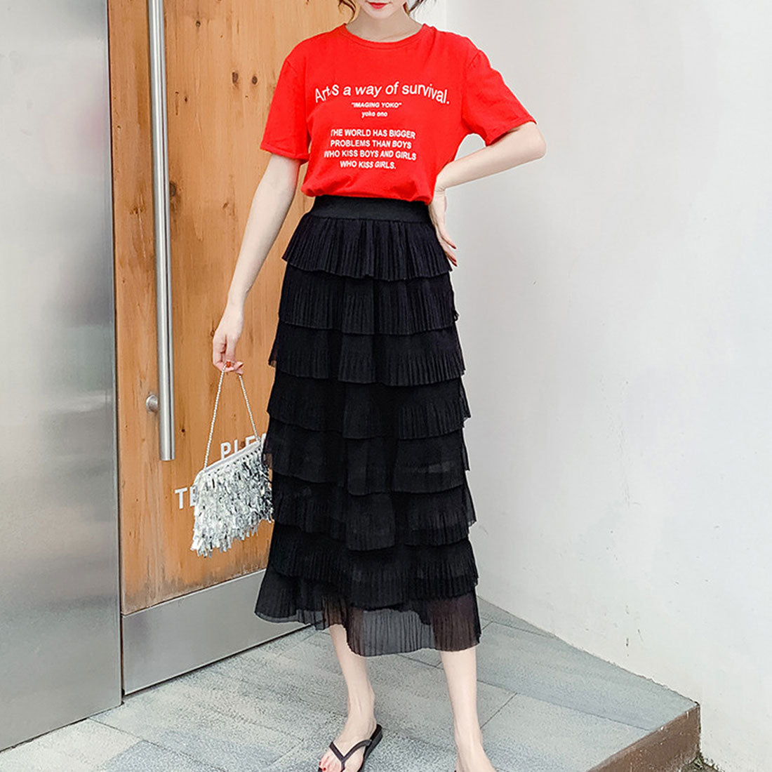 デューリリー Dewlily ティアードフリルスカート レディース 春服 夏 秋 10代 20代 30代 韓国ファッション シアー ミモレ丈 ロング マーメイドスカート 大きいサイズ