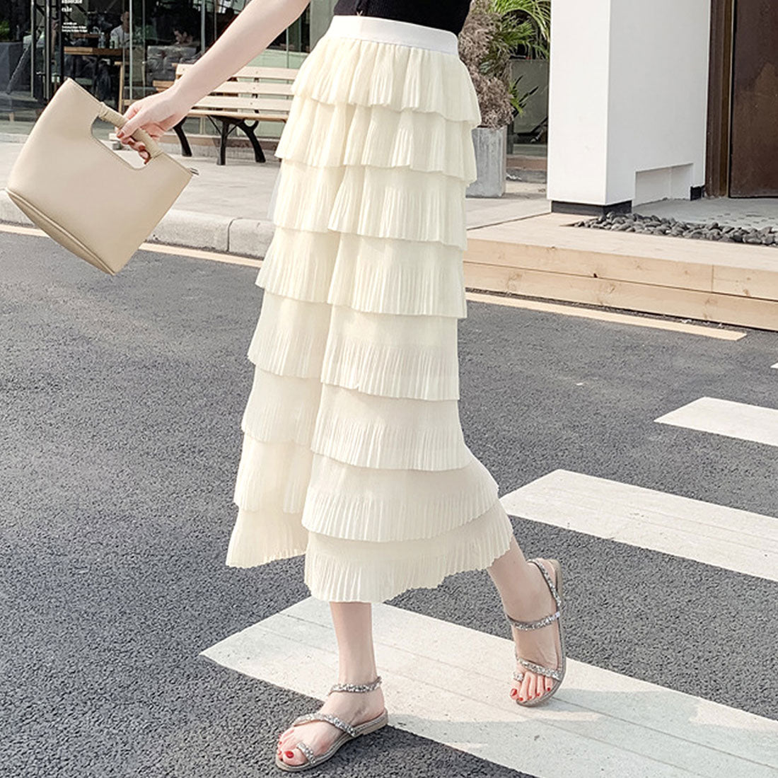 デューリリー Dewlily ティアードフリルスカート レディース 春服 夏 秋 10代 20代 30代 韓国ファッション シアー ミモレ丈 ロング マーメイドスカート 大きいサイズ