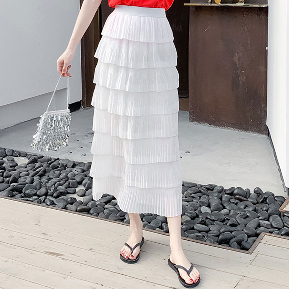 デューリリー Dewlily ティアードフリルスカート レディース 春服 夏 秋 10代 20代 30代 韓国ファッション シアー ミモレ丈 ロング マーメイドスカート 大きいサイズ
