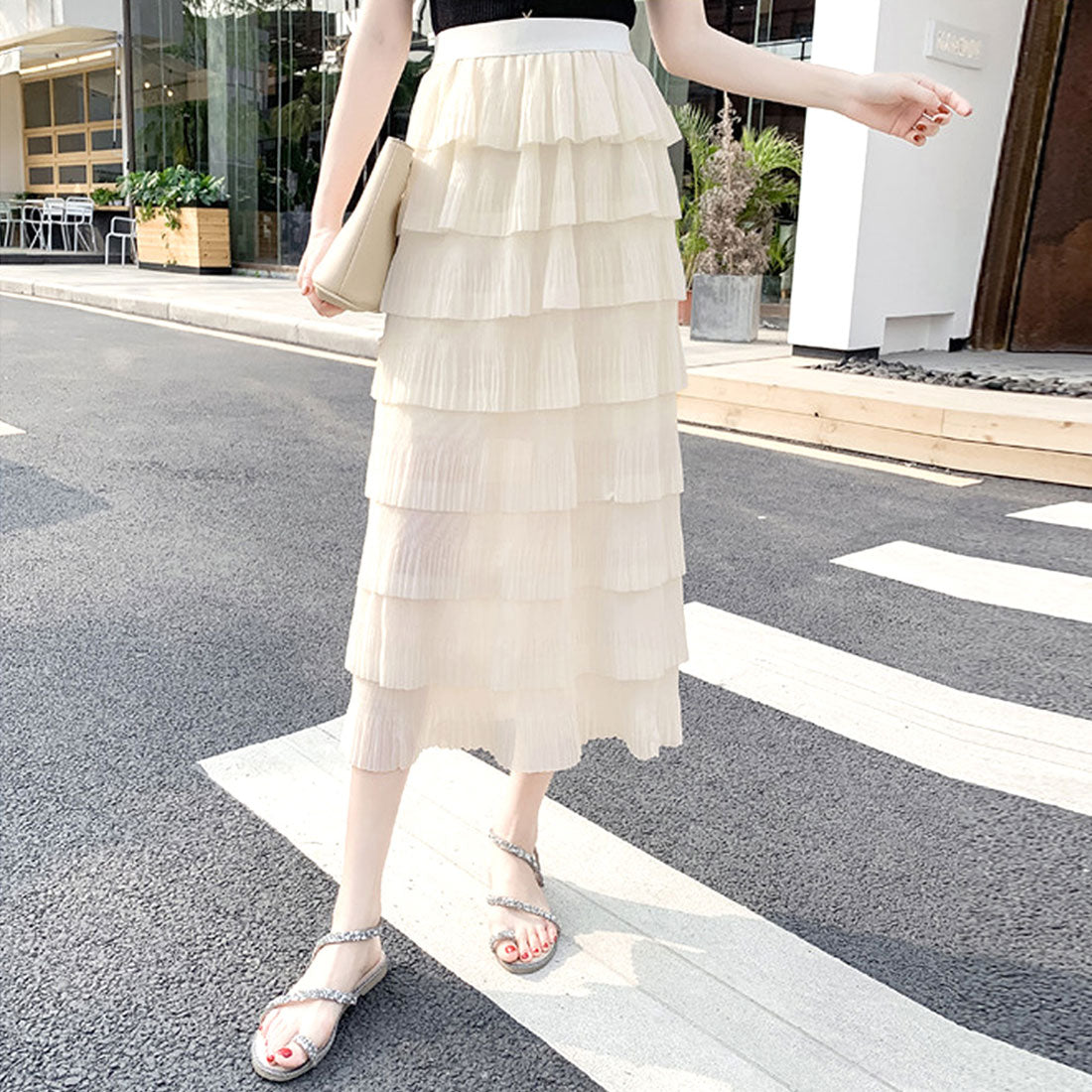 デューリリー Dewlily ティアードフリルスカート レディース 春服 夏 秋 10代 20代 30代 韓国ファッション シアー ミモレ丈 ロング マーメイドスカート 大きいサイズ