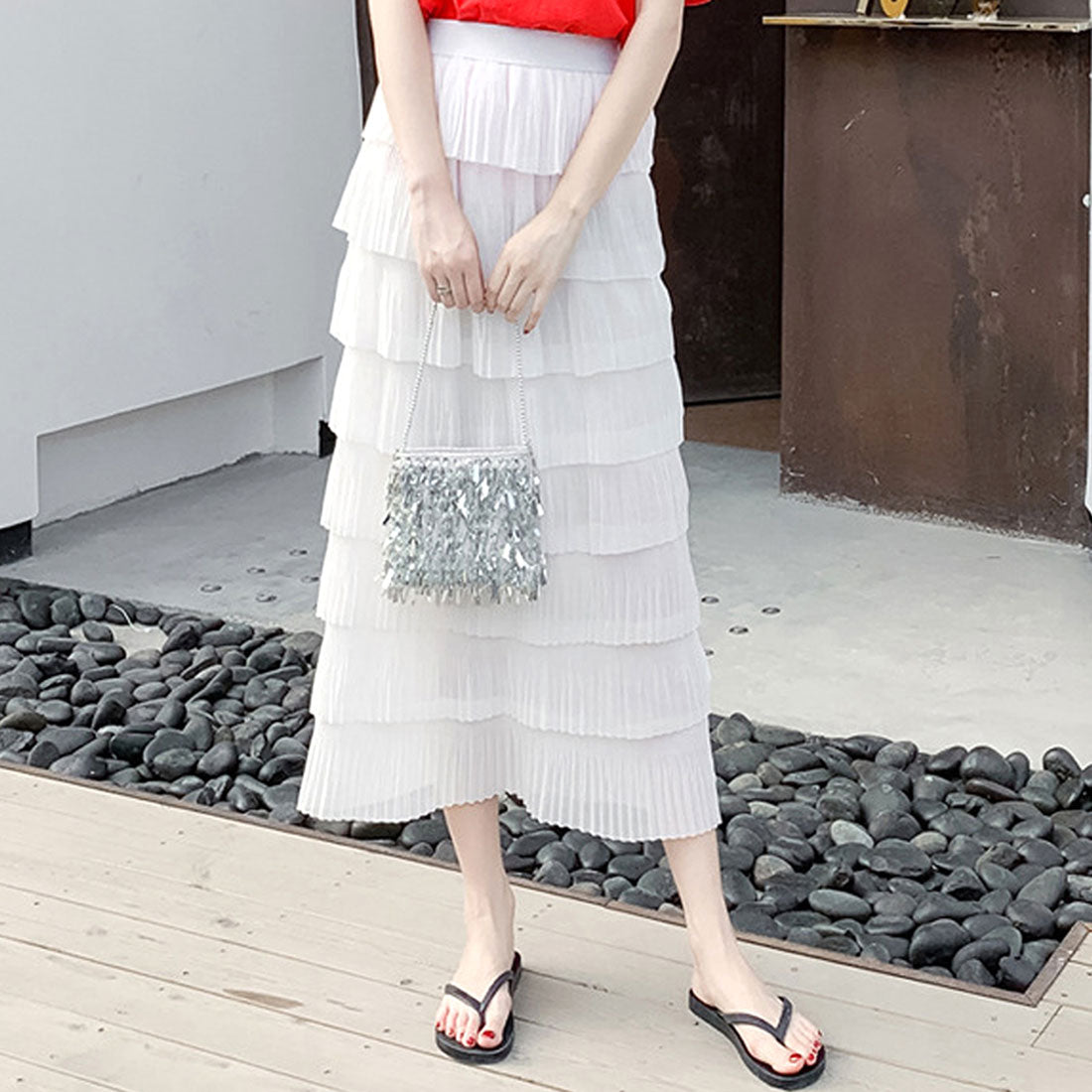 デューリリー Dewlily ティアードフリルスカート レディース 春服 夏 秋 10代 20代 30代 韓国ファッション シアー ミモレ丈 ロング マーメイドスカート 大きいサイズ