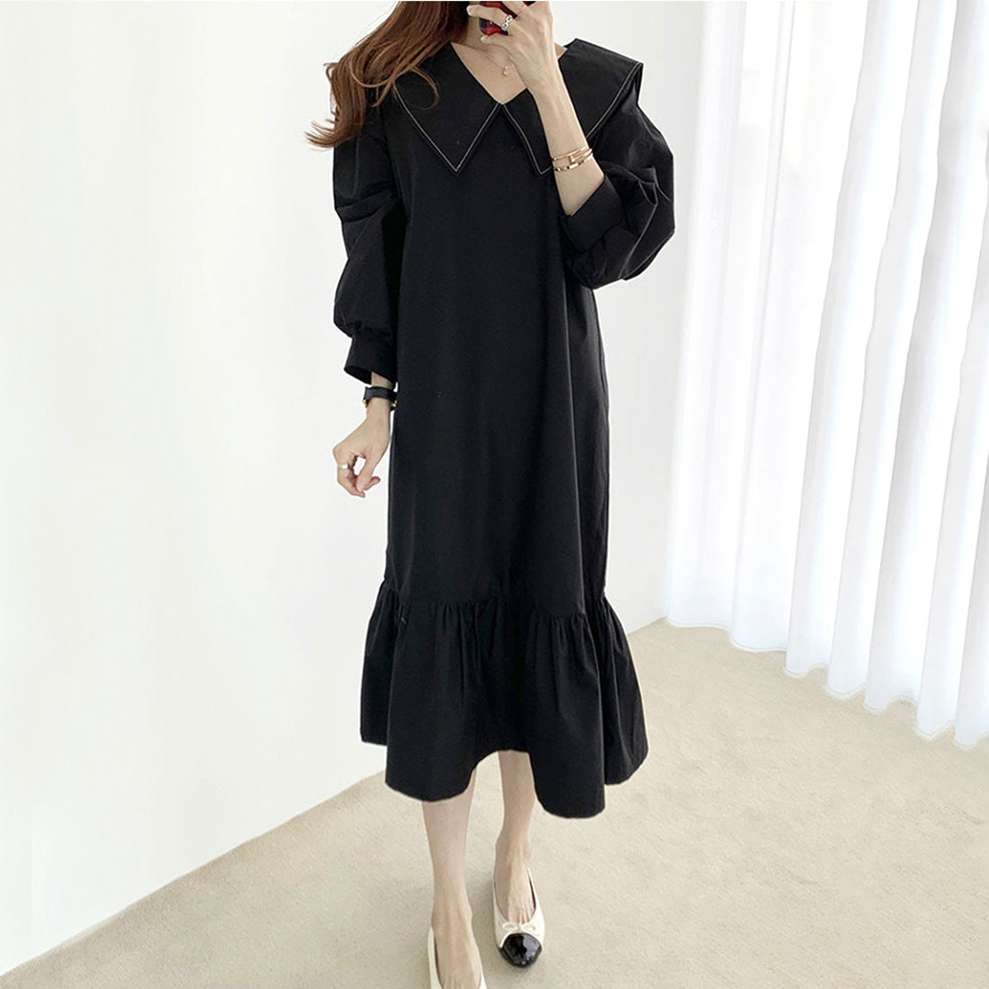 Dewlily Long Sleeve Flare Dress for Women, Solid Color, Spring Clothes, Summer, Autumn, Teens, 20s, 30s, Korean Fashion, Big Collar, Ruffles, Spring Dress, Large Size