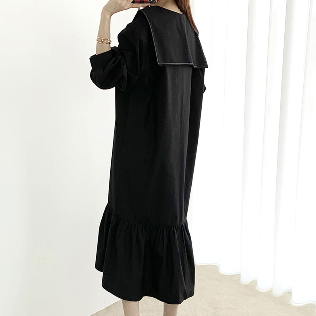 Dewlily Long Sleeve Flare Dress for Women, Solid Color, Spring Clothes, Summer, Autumn, Teens, 20s, 30s, Korean Fashion, Big Collar, Ruffles, Spring Dress, Large Size