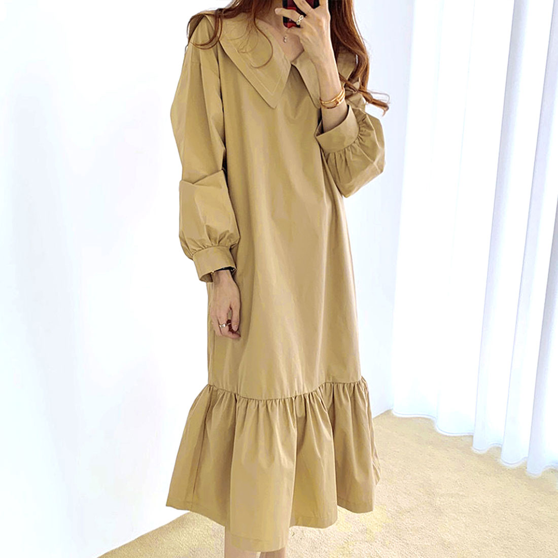 デューリリー Dewlily 長袖フレアワンピース レディース 無地 春服 夏 秋 10代 20代 30代 韓国ファッション ビッグカラー フリル 春ワンピ 大きいサイズ （ブラック） ブラック