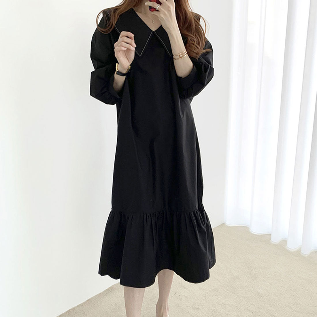 Dewlily Long Sleeve Flare Dress for Women, Solid Color, Spring Clothes, Summer, Autumn, Teens, 20s, 30s, Korean Fashion, Big Collar, Ruffles, Spring Dress, Large Size