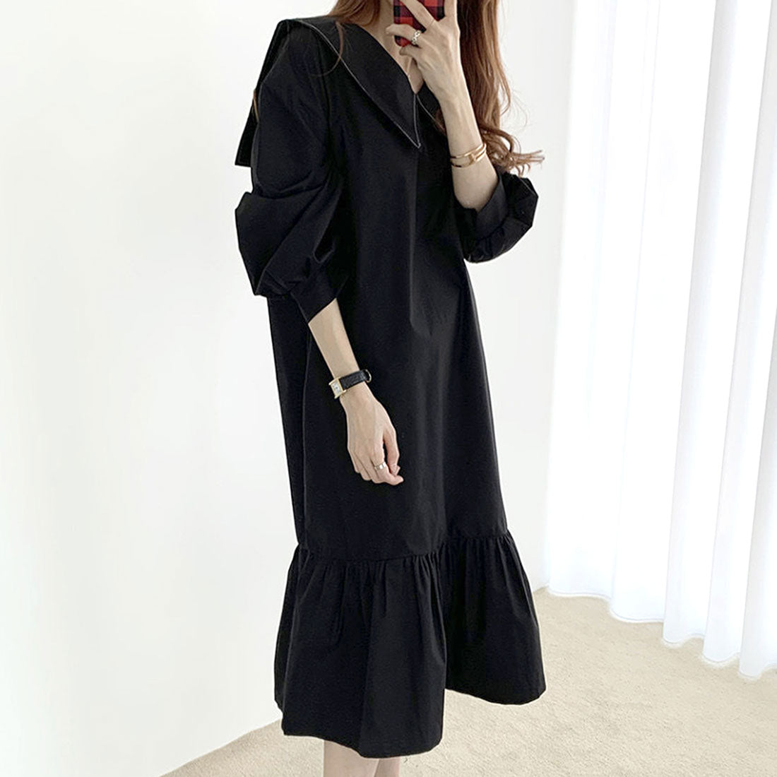 Dewlily Long Sleeve Flare Dress for Women, Solid Color, Spring Clothes, Summer, Autumn, Teens, 20s, 30s, Korean Fashion, Big Collar, Ruffles, Spring Dress, Large Size
