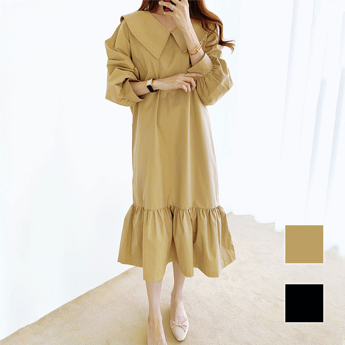 Dewlily Long Sleeve Flare Dress for Women, Solid Color, Spring Clothes, Summer, Autumn, Teens, 20s, 30s, Korean Fashion, Big Collar, Ruffles, Spring Dress, Large Size