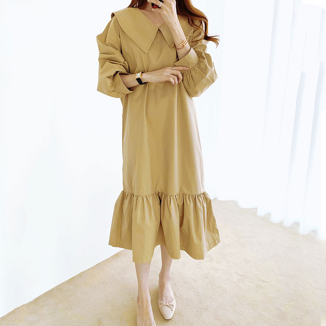 Dewlily Long Sleeve Flare Dress for Women, Solid Color, Spring Clothes, Summer, Autumn, Teens, 20s, 30s, Korean Fashion, Big Collar, Ruffles, Spring Dress, Large Size