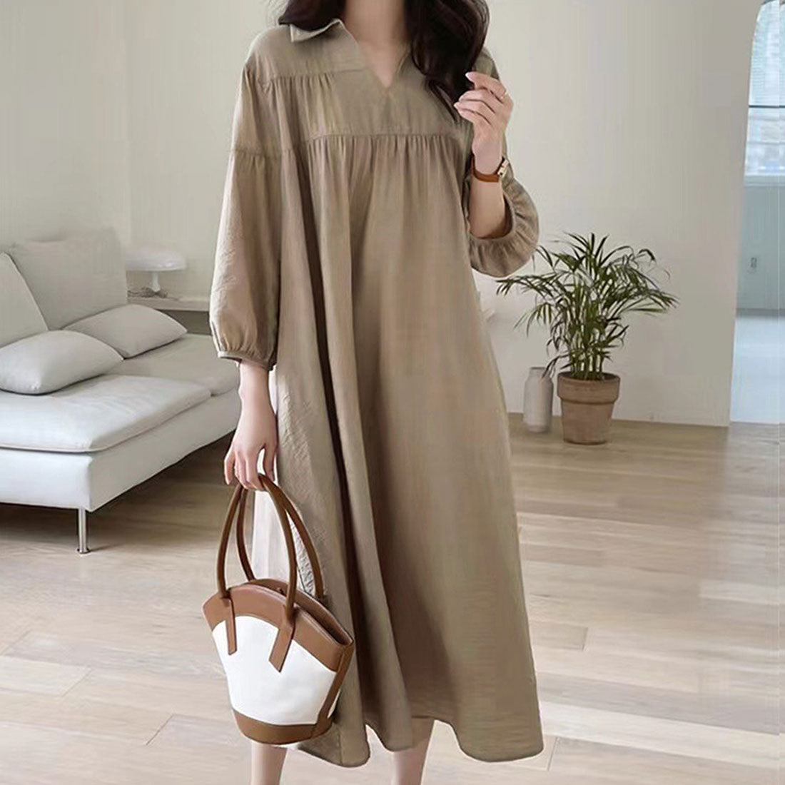 Dewlily Relaxed Shirt Dress for Women, Teens, 20s, 30s, Korean Fashion, Spring, Autumn, Adult, Casual, Cute, Stylish, Simple, Elegant, Plain Black