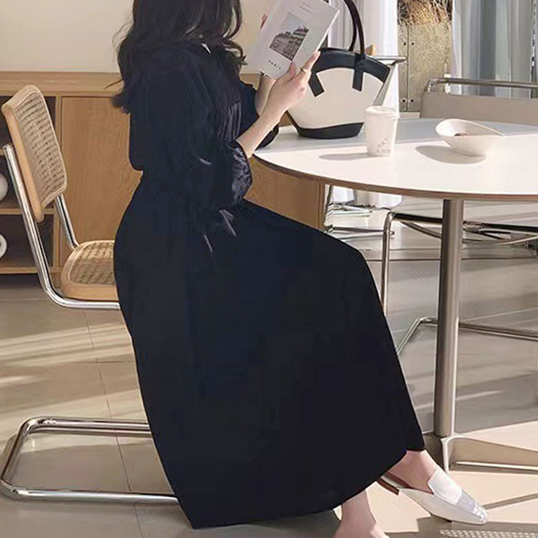 Dewlily Relaxed Shirt Dress for Women, Teens, 20s, 30s, Korean Fashion, Spring, Autumn, Adult, Casual, Cute, Stylish, Simple, Elegant, Plain Black