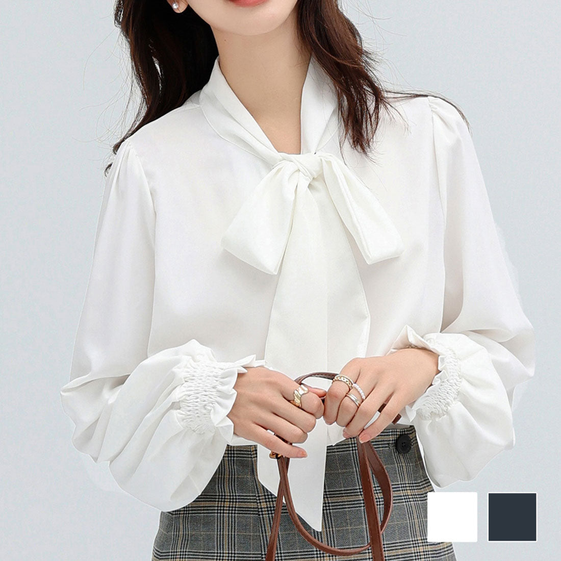 Dewlily Ribbon-Embellished Blouse for Women Teens 20s 30s Korean Fashion Spring Autumn Adult Casual Cute Stylish Business Long Sleeve
